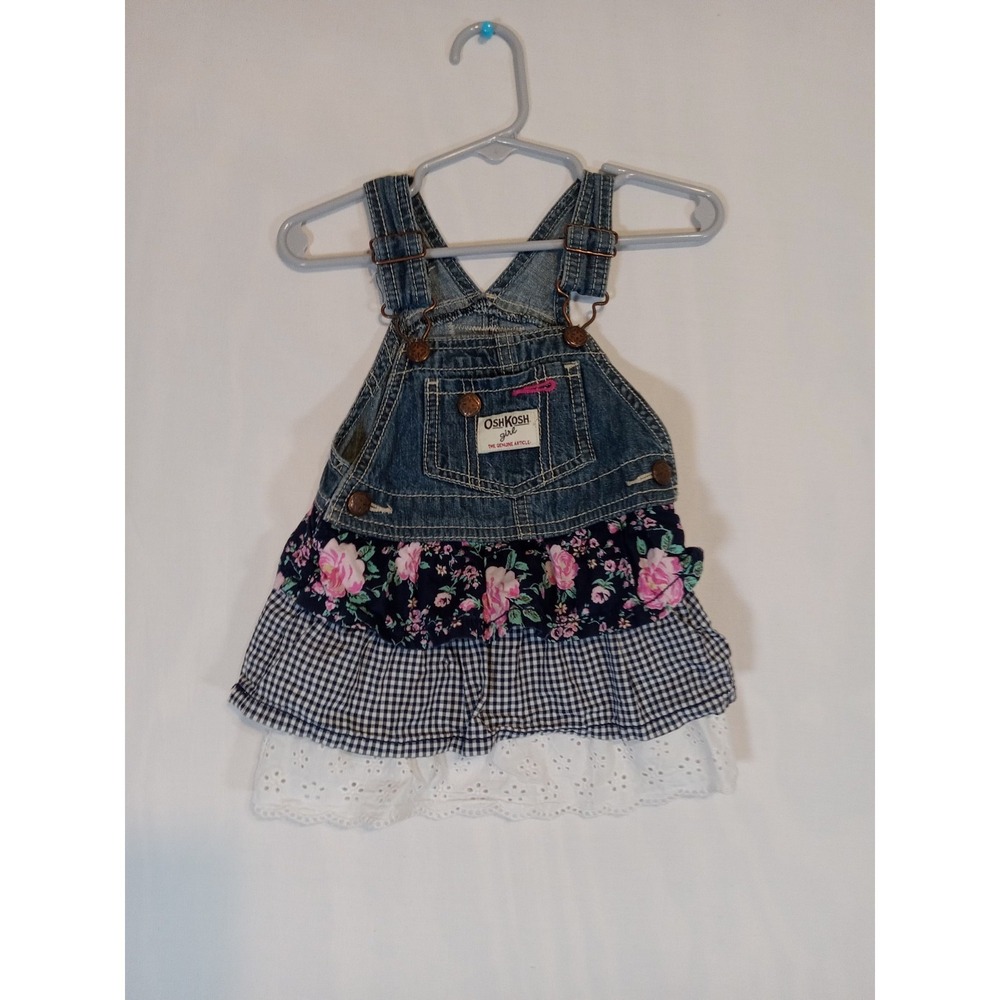 OshKosh Girl Overall Vestbak Floral Tiered Ruffle Blue Denim Dress 12 Month